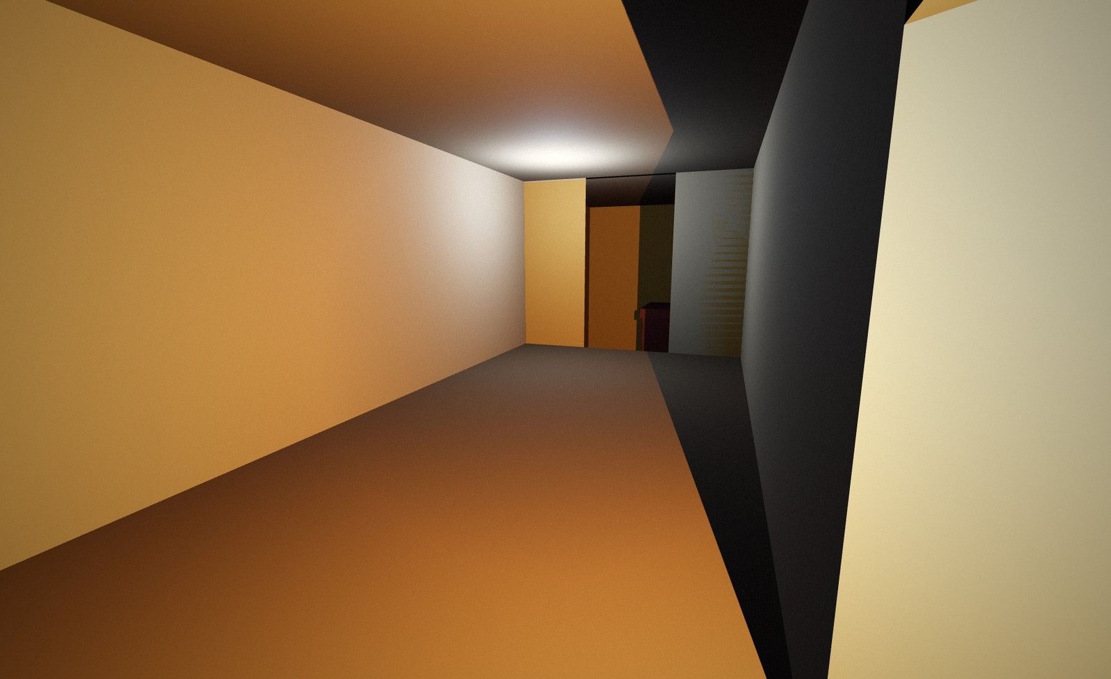 View across the empty antechamber of the model towards the doorway of the burial chamber.