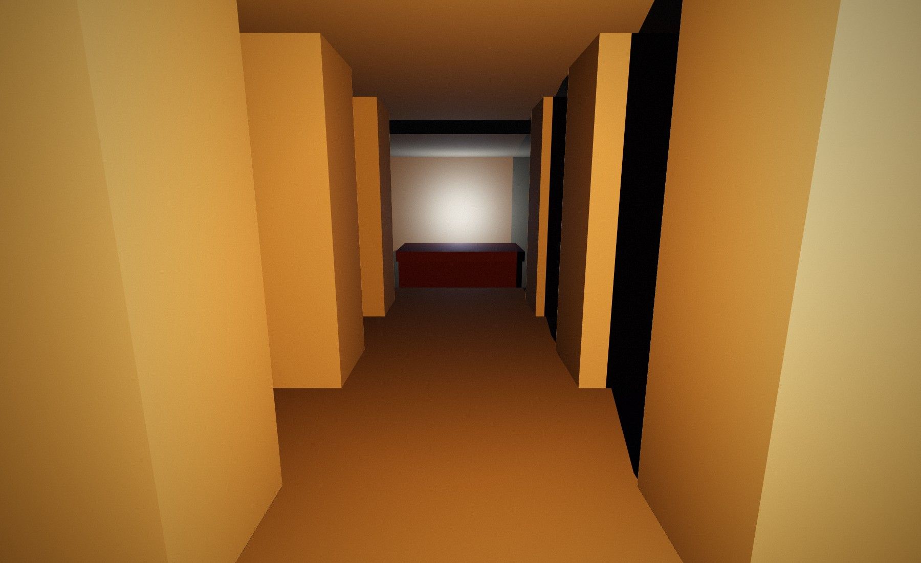 View inside the model along the six-pillared burial chamber towards the quartzite sarcophagus on its sunken level.