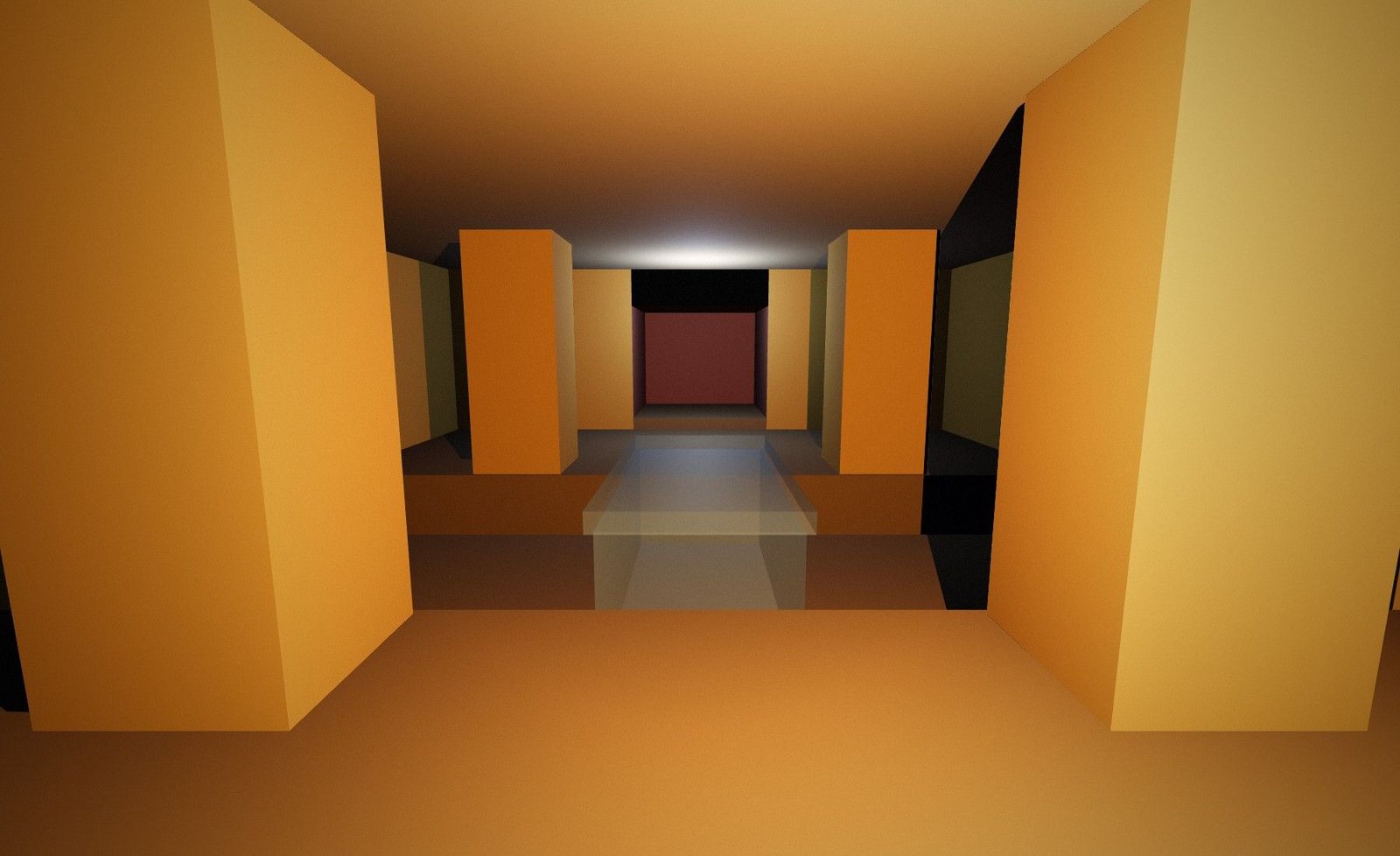 View inside the model of the burial chamber between the four painted pillars, with a translucent outline where the sarcophagus stood.