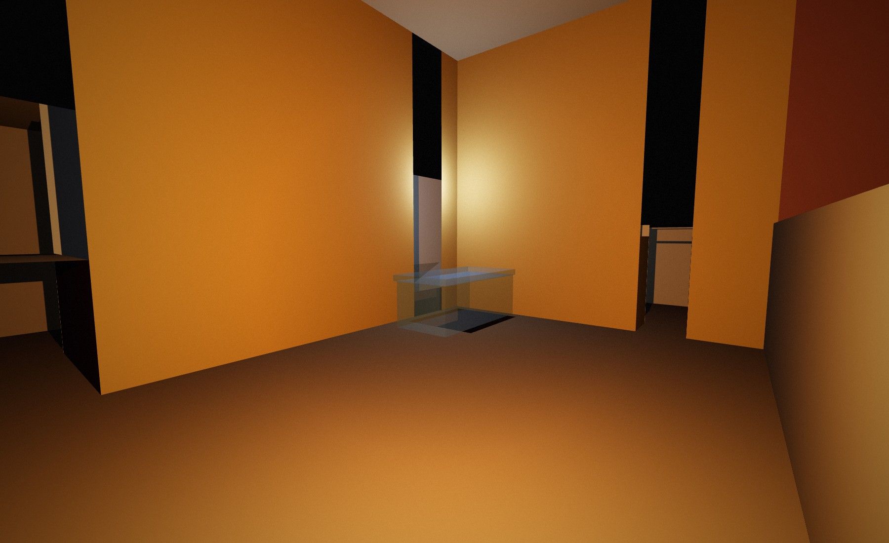 View inside the model of the sunken rear of the burial chamber, with a translucent outline where the sarcophagus lay.