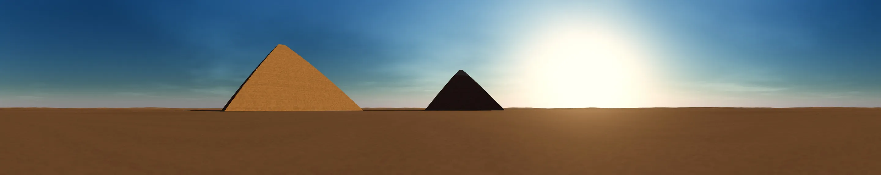 360-degree view from the plateau west of the Great Pyramid, with Khufu's pyramid to the east and Khafre's to the south, against the late afternoon sun.