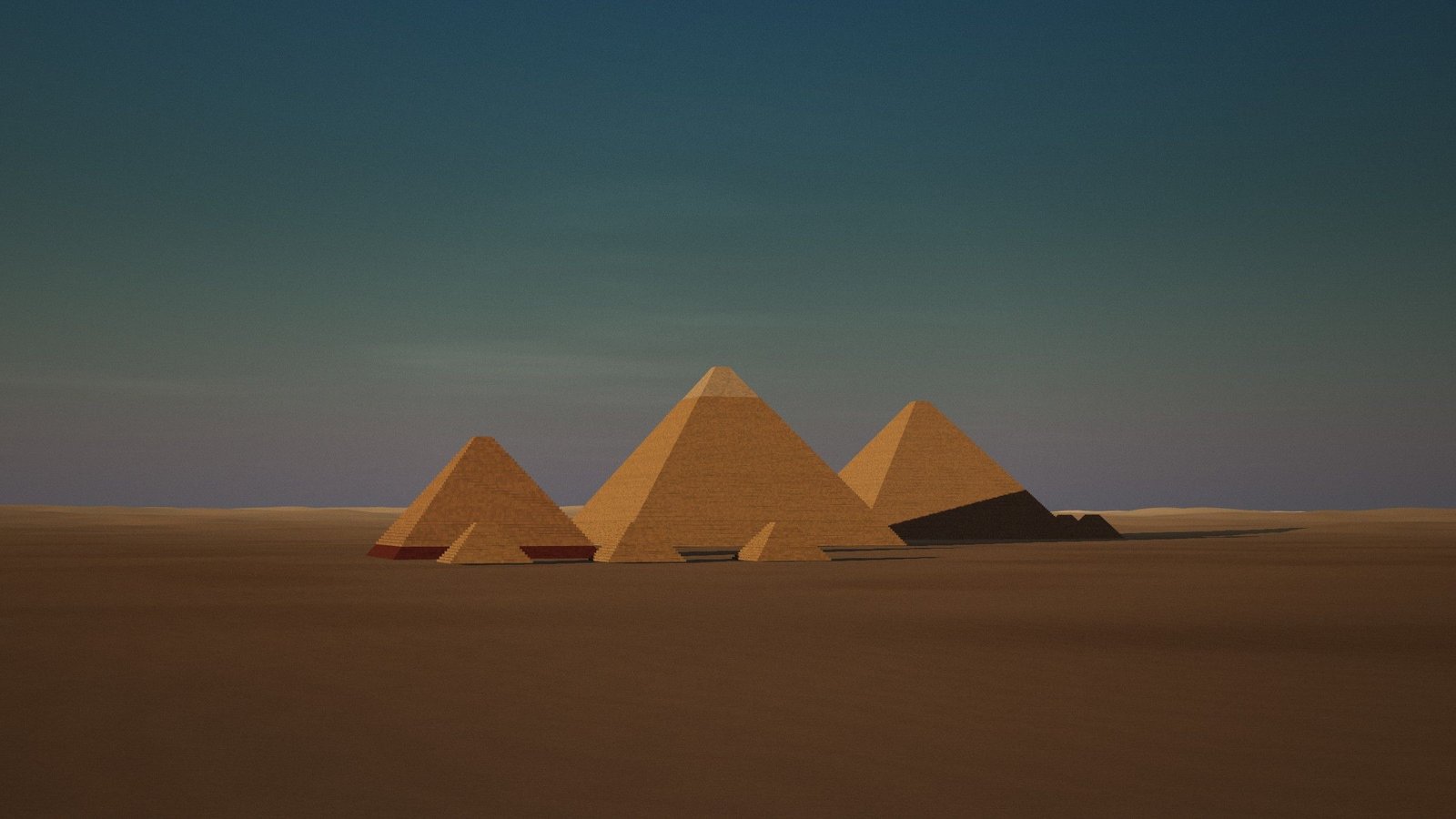 The three pyramids of Giza at golden hour seen from the south-west desert, Menkaure in front, Khafre in the centre and Khufu behind.