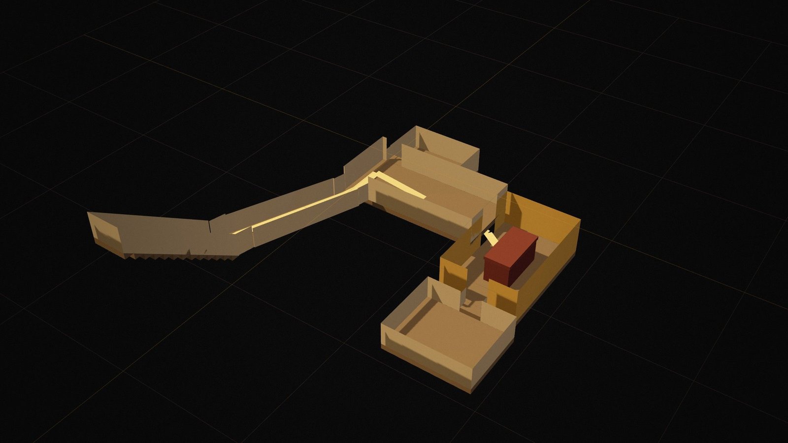 Cut-away 3D model of Tutankhamun's tomb beneath the valley floor, showing the stairway, corridor, antechamber, annexe, painted burial chamber and treasury.