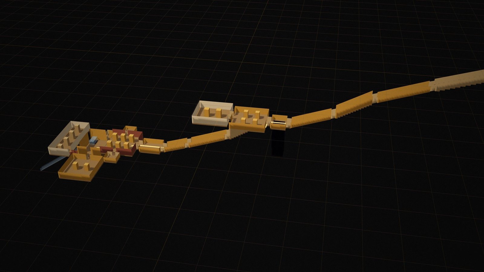 Cut-away 3D model of the tomb of Seti I descending through the hillside, from the entrance stairway to the pillared burial chamber and the tunnel beyond.