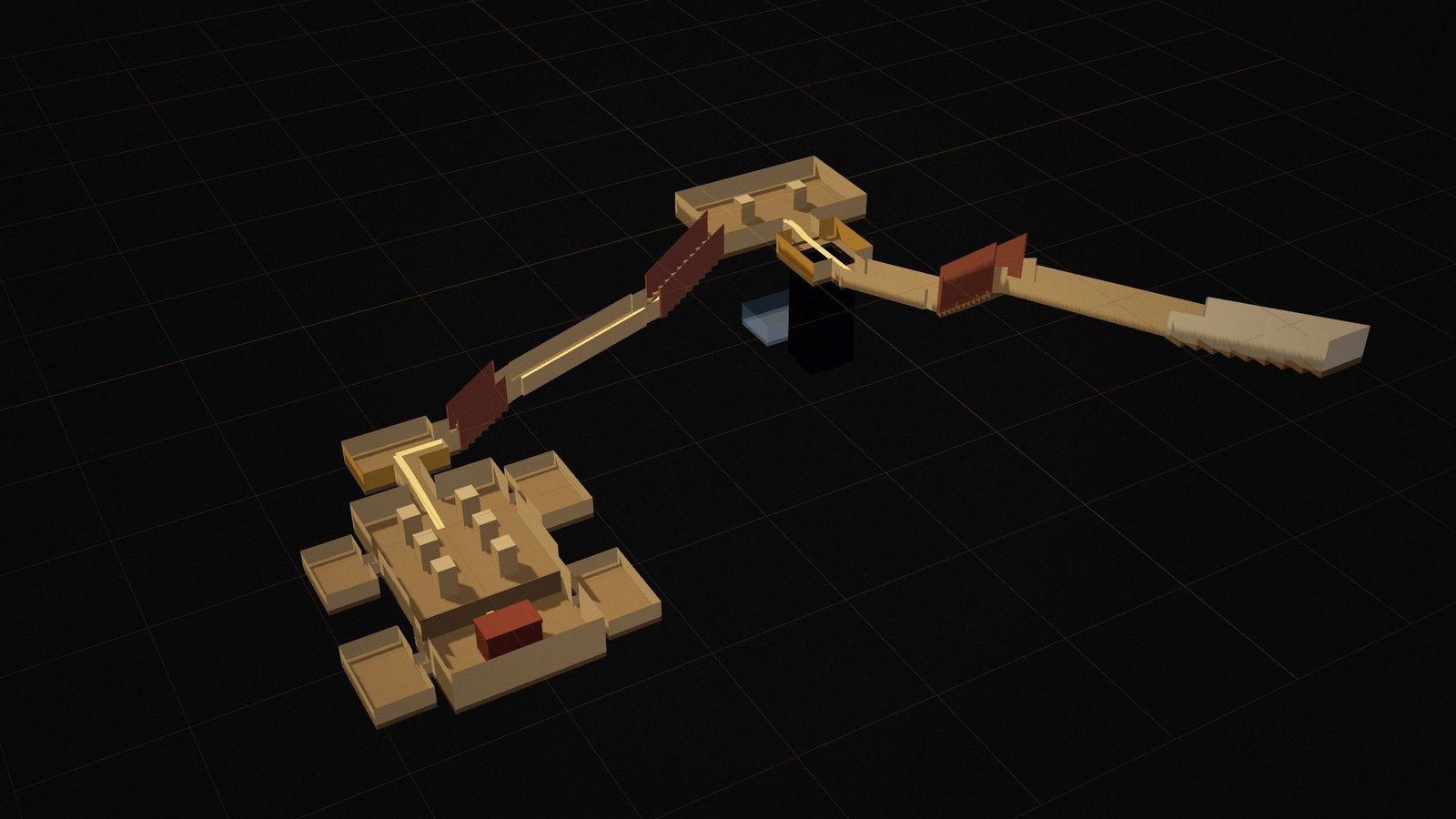 Cut-away 3D model of the tomb of Thutmose IV, whose corridors turn twice at right angles before reaching the pillared burial chamber.