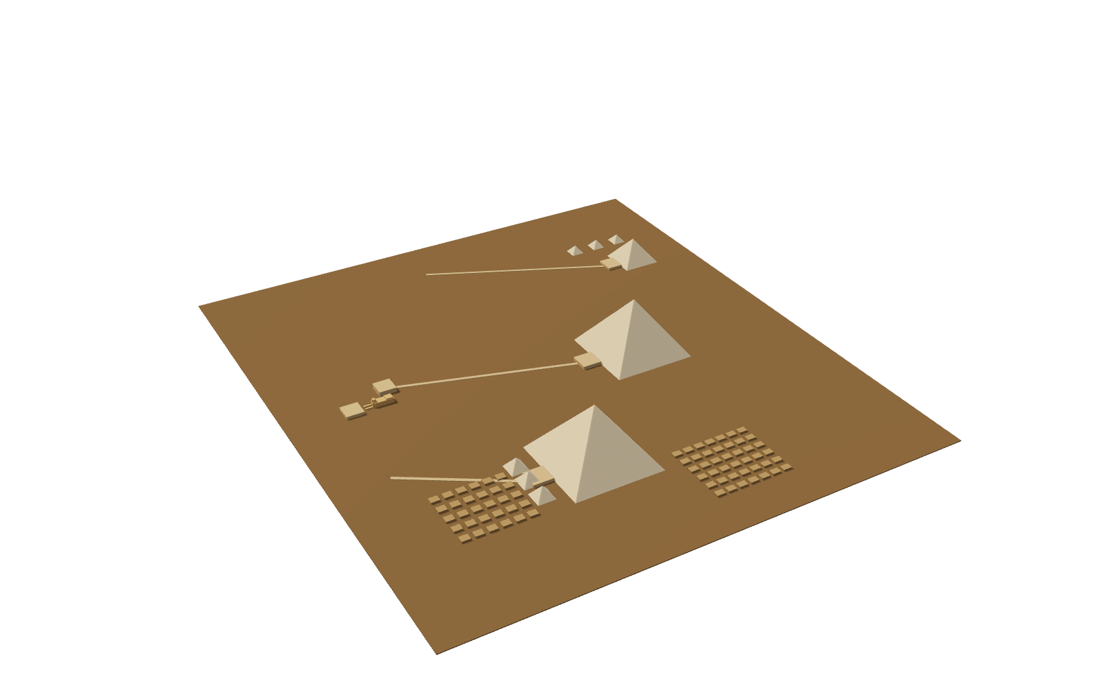 Simplified 3D model of the Giza plateau with the three pyramids, queens' pyramids, temples, causeways, the Sphinx and the mastaba cemeteries. View: As built.