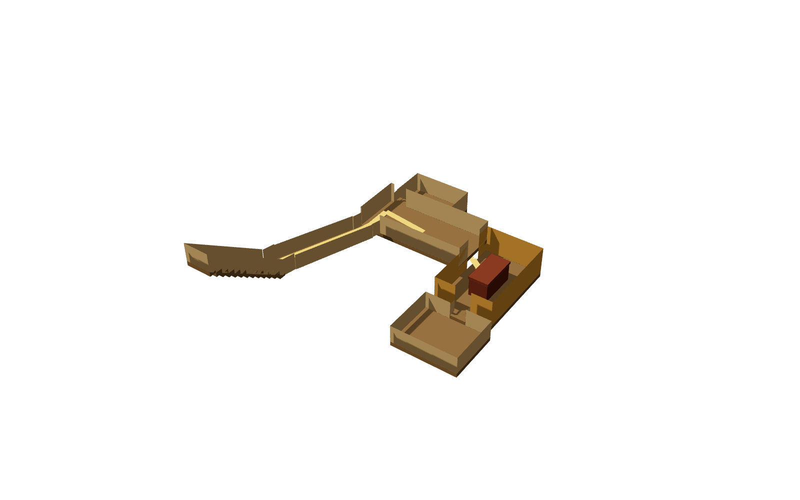 Interactive cut-away model of KV62 with its six spaces and the sarcophagus in the burial chamber.