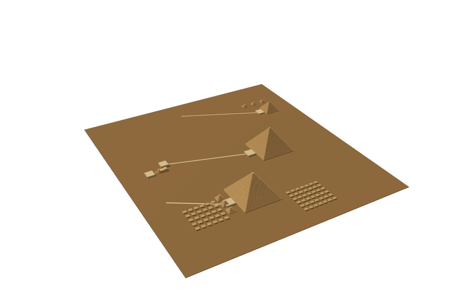 Simplified 3D model of the Giza plateau with the three pyramids, queens' pyramids, temples, causeways, the Sphinx and the mastaba cemeteries. View: Today.