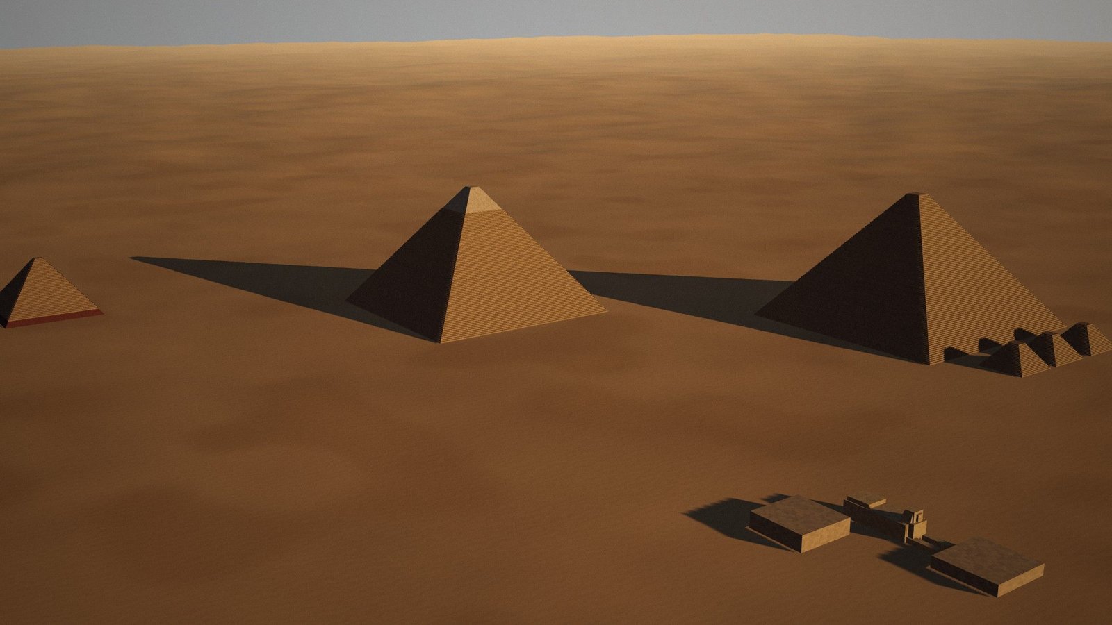 Aerial reconstruction of the Giza plateau today, with the pyramids of Menkaure, Khafre and Khufu and the queens' pyramids, and the Sphinx and valley temple in the foreground.