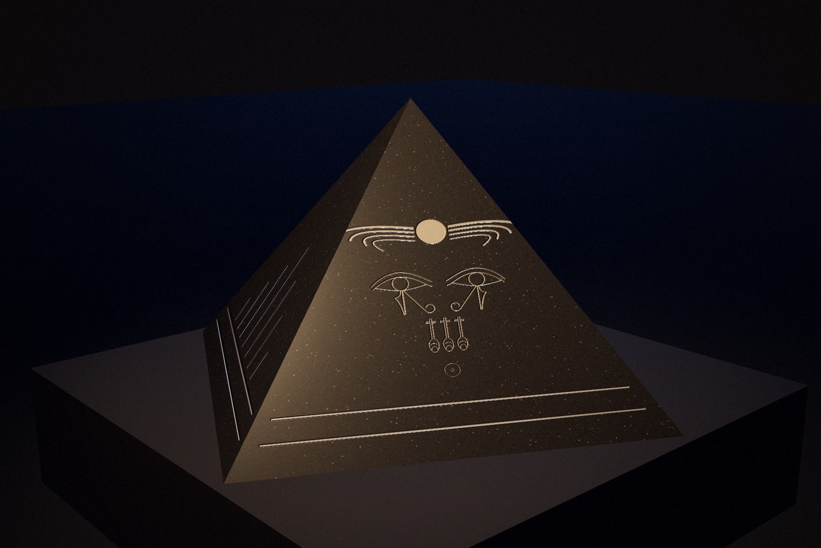 The dark granite capstone of Amenemhat III's pyramid on a museum plinth, its east face carved with a winged sun disc and a pair of eyes.