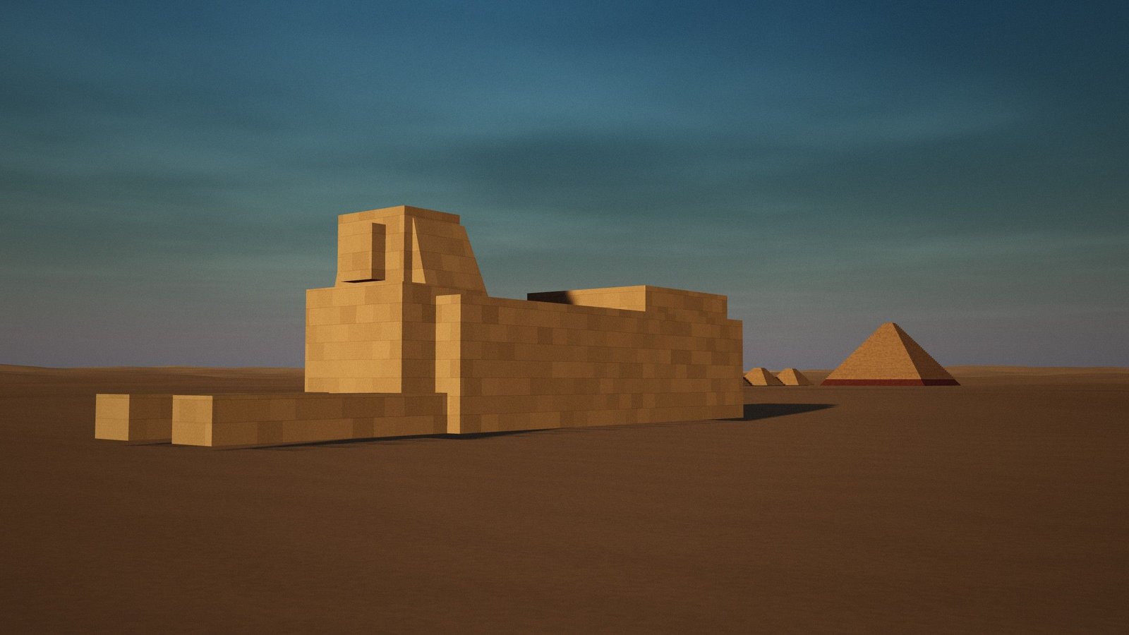 Simplified 3D massing model of the Great Sphinx lying on the plateau, with the pyramid of Menkaure and its queens' pyramids in the distance.
