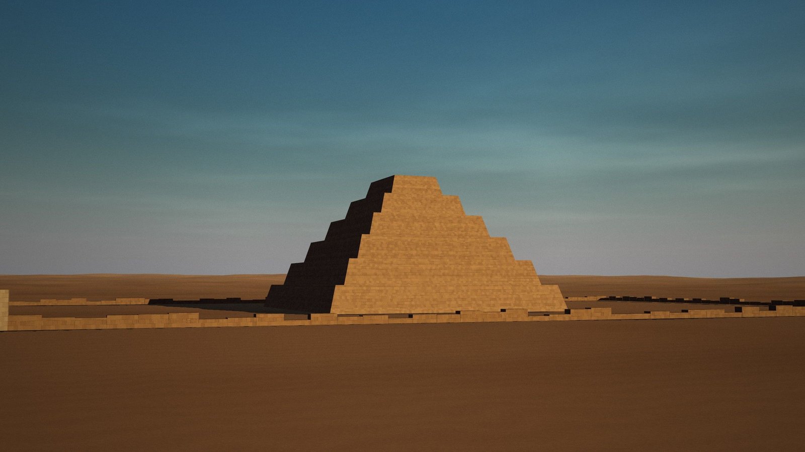 The six-stepped pyramid of Djoser at Saqqara in morning light, surrounded by the low remains of its enclosure wall.